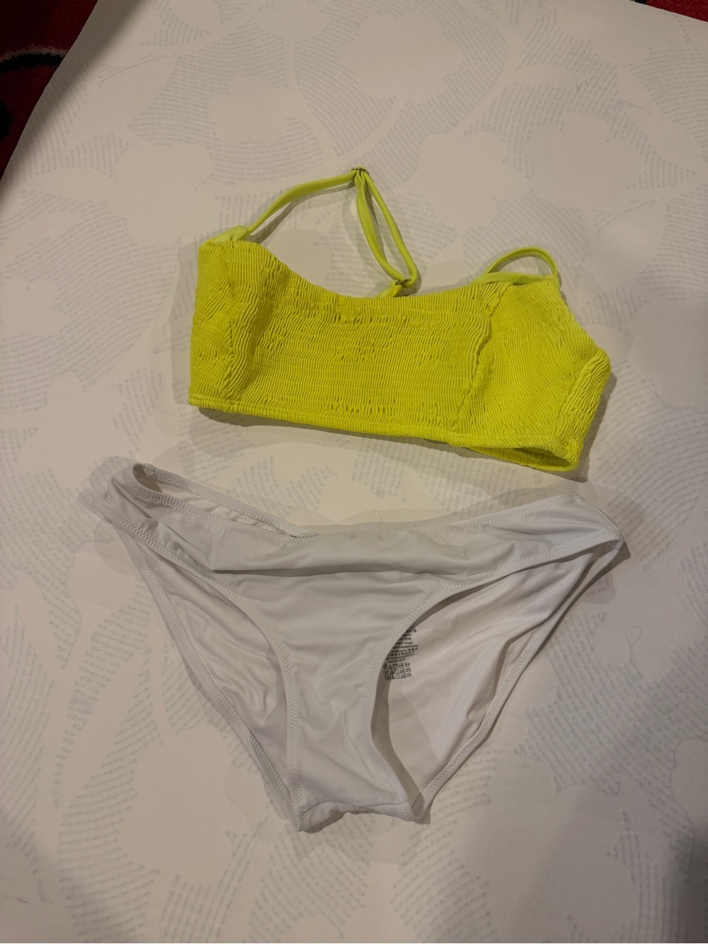 Neon Yellow Smocked Bikini Top with White Bikini Bottom